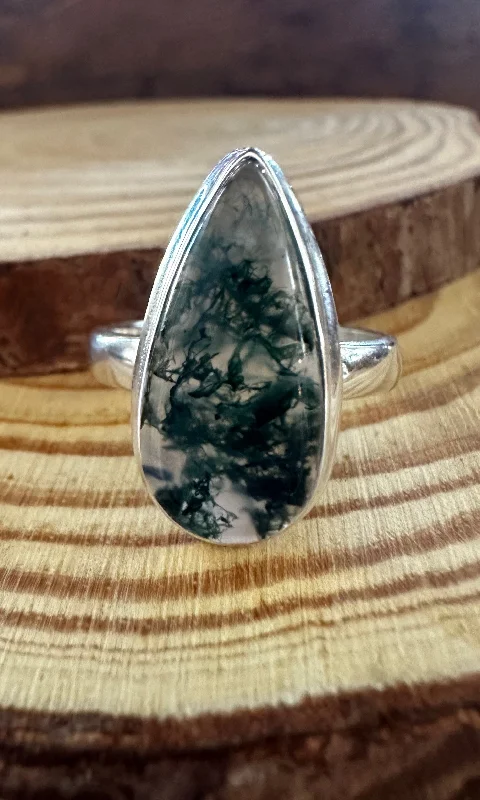 cushion-cut rings for women -MOSS AGATE and Silver Ring • Size 8