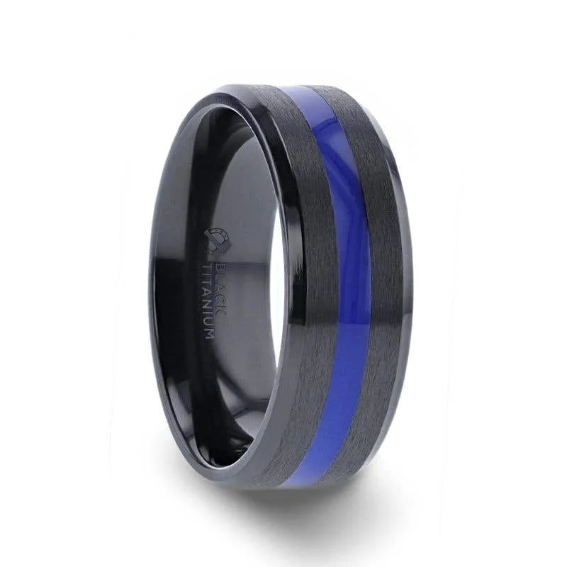 long chain necklaces for women -Thorsten JACKSEN Black Titanium Men's Wedding Band Beveled Black Titanium With Blue Stripe Inlaid Brushed Finish Center And Polished Beveled Edges - 8mm