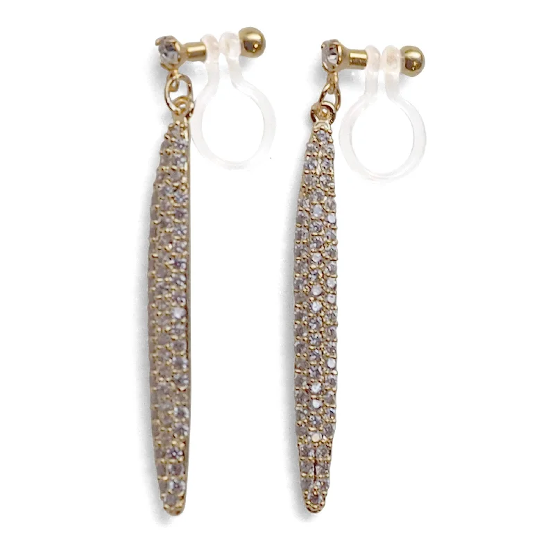 trendy earrings for women -Bridal micro pave cubic zirconia bar invisible clip on earrings ( gold tone )