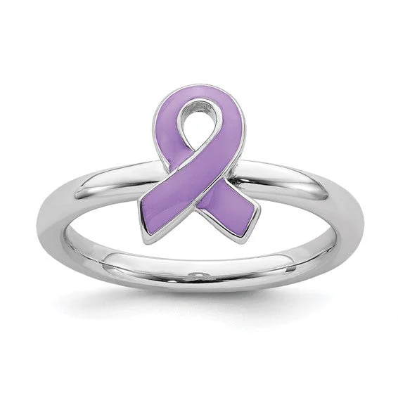 adjustable gold necklaces for women -Sterling Silver Stackable Expressions Purple Enameled Awareness Ribbon Ring