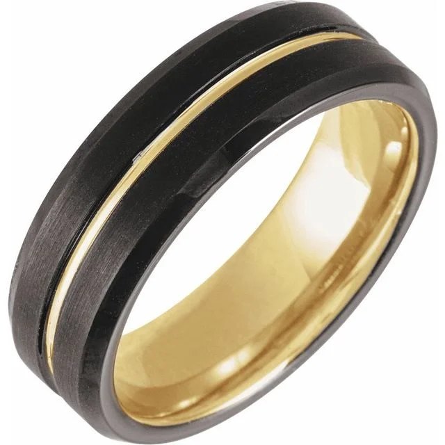 anniversary gift necklaces for women -18K Yellow Gold PVD & Black PVD Tungsten 7 mm Grooved Band