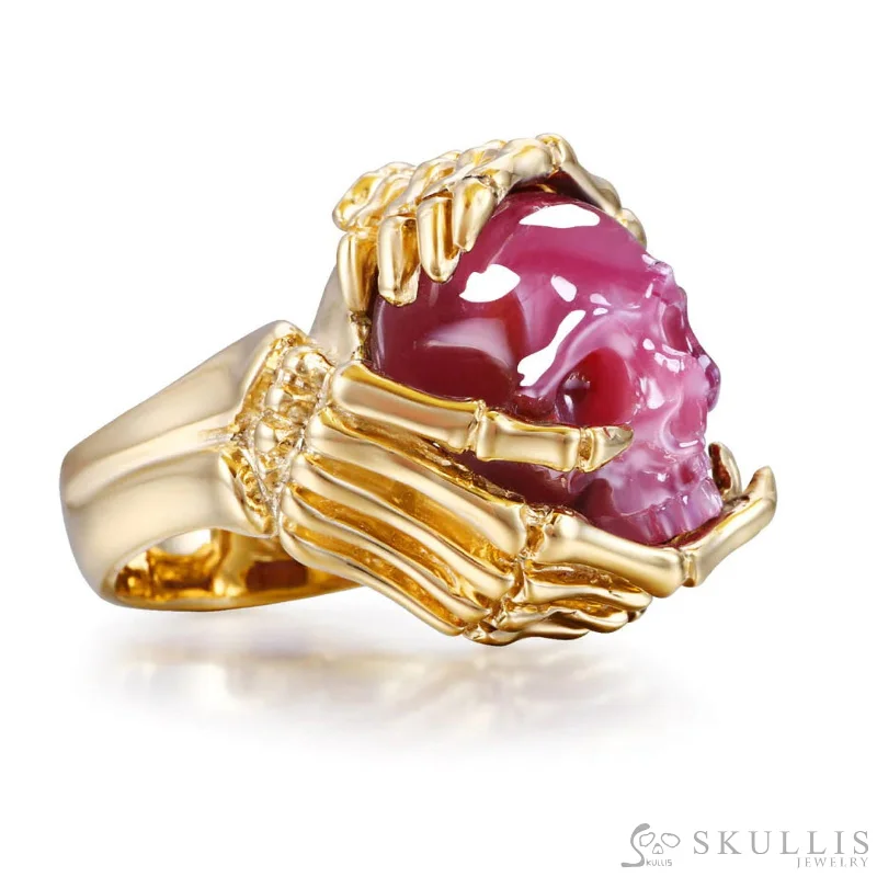 luxury rings for women -Gem Skull Ring of Ruby Carved Skull with Skeletal Hands in 18k Gold