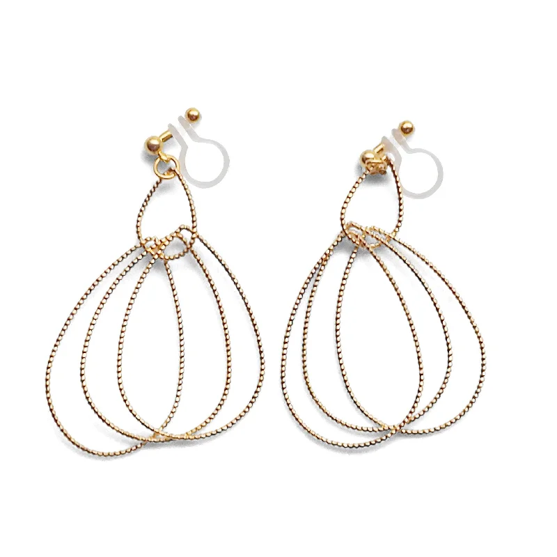 sterling silver earrings for women -Dangle Gold Textured Pear Hoop Invisible Clip on Earrings