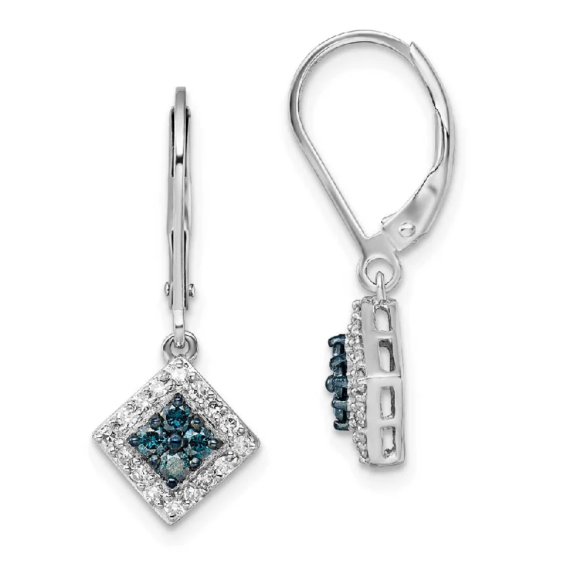 luxury silver earrings for women -Blue & White Diamond Small Square Sterling Silver Lever Back Earrings