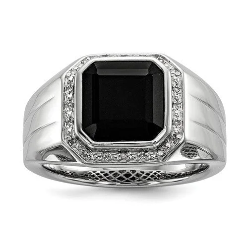 crystal pendant necklaces for women -Sterling Silver Diamond And Black Onyx Square Men's Ring