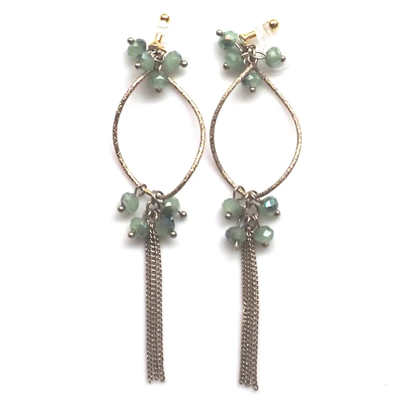 statement crystal earrings for women -Invisible clip on hoop with pale green beads and chain earrings