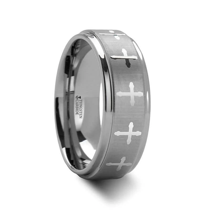 love necklace for women -Thorsten TRINITY Raised Center with Engraved Crosses Men's Tungsten Wedding Band – 8mm