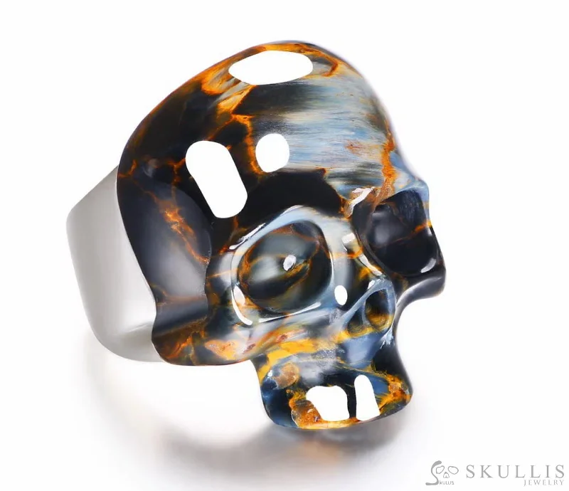 platinum wedding bands for women -Skullis Signature Pietersite Gem Skull Ring, Hand Carved, Sterling Silver, for Women & Men