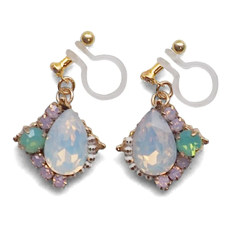 wedding earrings for women -Dangle White Opal Rhinestone Crystal Invisible Clip on Earrings