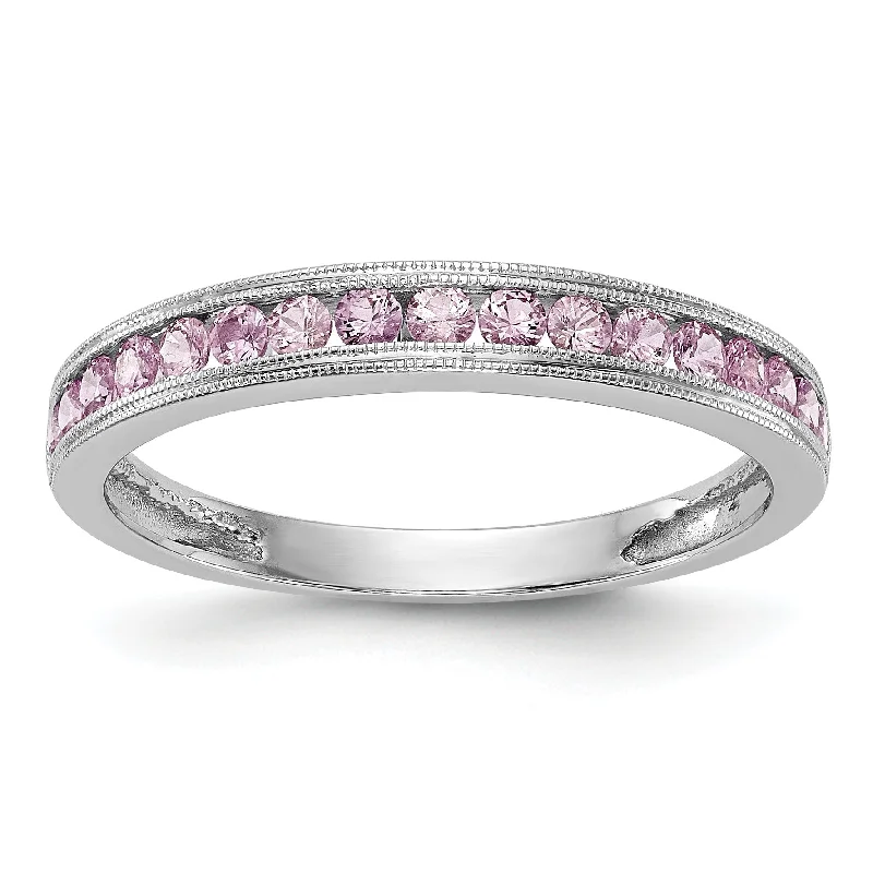 layered gold necklaces for women -14k White Gold Pink Sapphire Milgrain Channel Set Anniversary Band