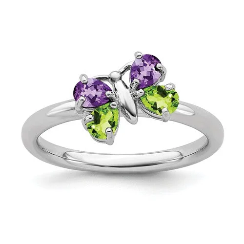 vintage gold necklaces for women -Sterling Silver Stackable Expressions Peridot and Amethyst Butterfly Ring