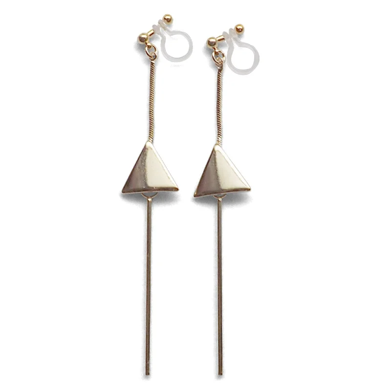 chic crystal earrings for women -Dangle gold threader with triangle charm invisible clip on earrings