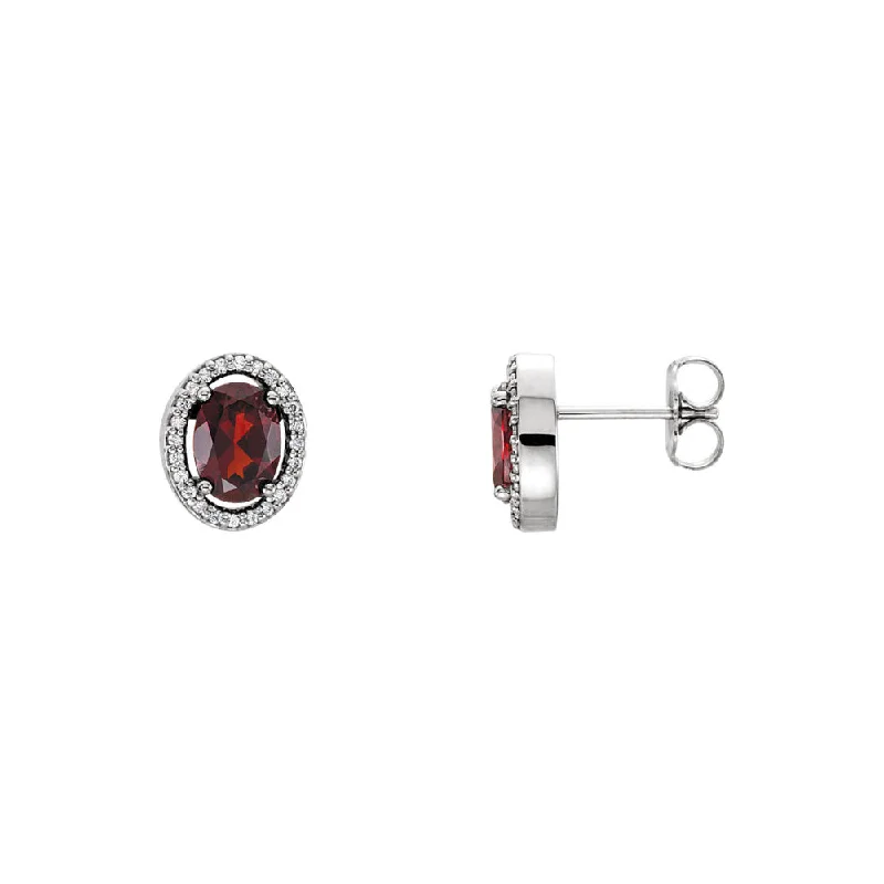 silver earrings for women -Oval Mozambique Garnet & Diamond Halo Earrings in 14k White Gold