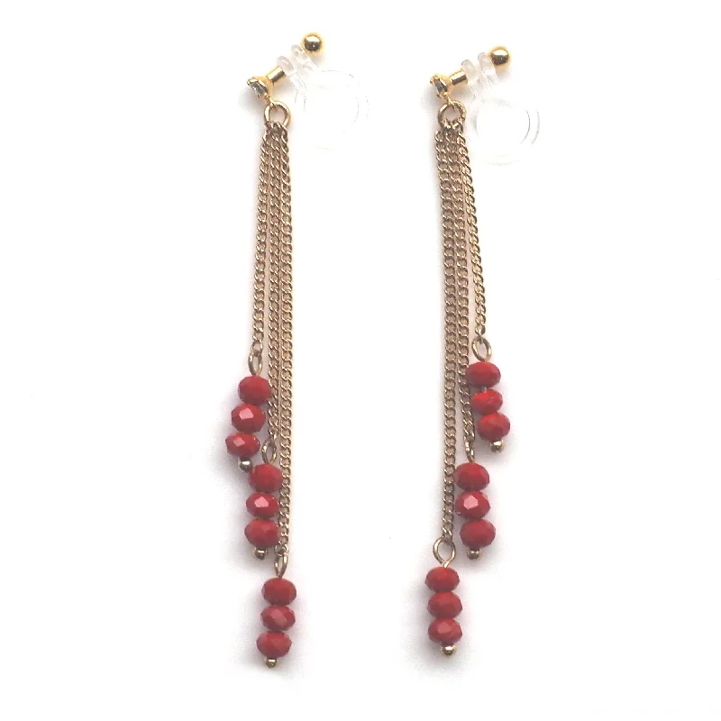 elegant drop earrings for women -Red beads invisible clip on earrings