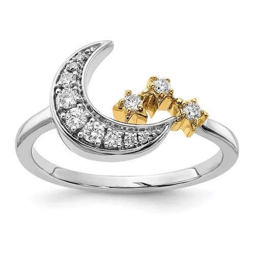 diamond necklaces for women -14k White and Yellow Gold Moon with Stars Diamond Ring