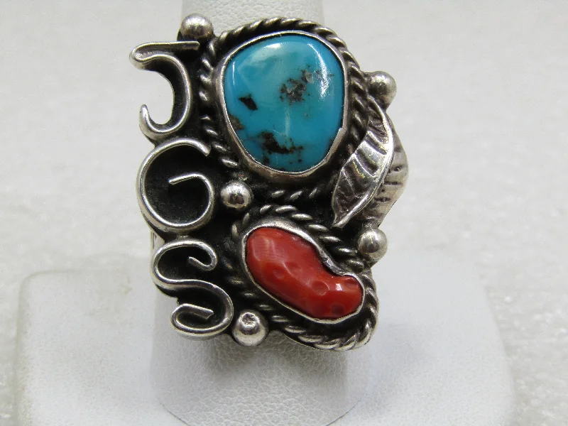 solitaire diamond rings for women -Vintage Sterling JGS Initial Turquoise Coral Ring, Native American Signed PF, Sz. 10.5