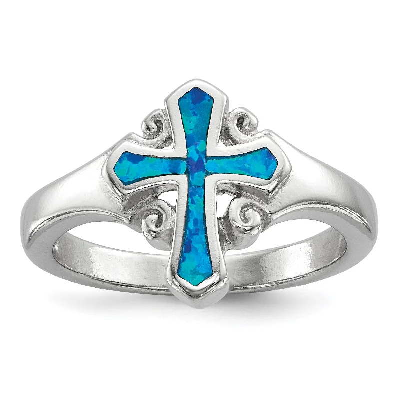 gold pendant necklaces for women -Sterling Silver Blue Created Opal Inlay Cross Ring