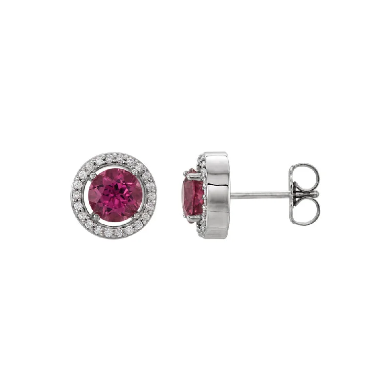 small hoop earrings for women -8mm Halo Style Pink Tourmaline & Diamond Earrings in 14k White Gold