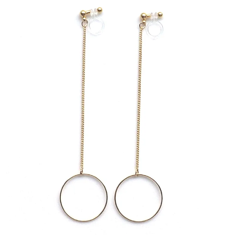 wedding hoop earrings for women -Dangle long gold hoop invisible clip on earrings