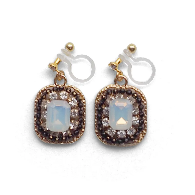 vintage earrings for women -Black and White Opal Rhinestone Square Crystal Invisible Clip on Earrings