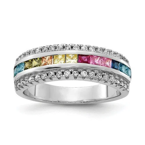 zodiac necklaces for women -Sterling Silver Multi Color Rainbow Princess Square Channel Set CZ Ring