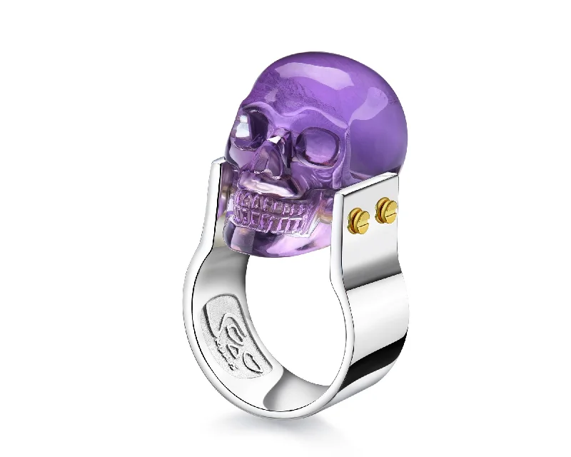 eternity rings for women -Gem Skull Ring of Amethyst Carved Skull in 925 Sterling Silver