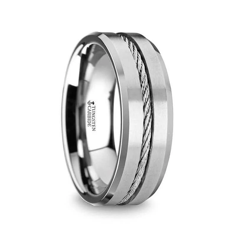 stunning necklaces for women -Thorsten LANNISTER Tungsten Flat Wedding Band with Steel Wire Cable Inlay & Beveled Edges - 8mm