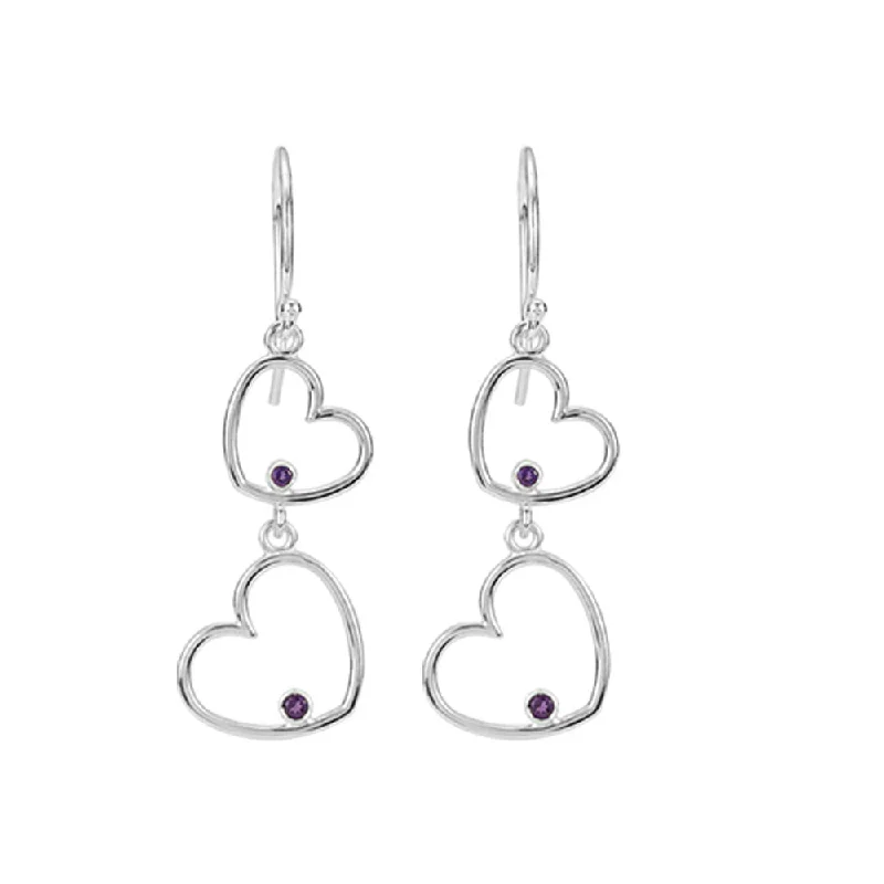 minimal earrings for women -Double Heart Amethyst Dangle Earrings in Sterling Silver