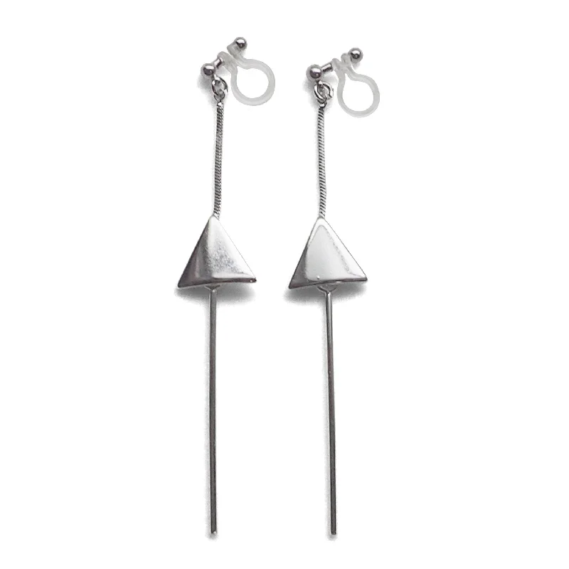 minimalistic earrings for women -Dangle silver threader with triangle charm invisible clip on earrings