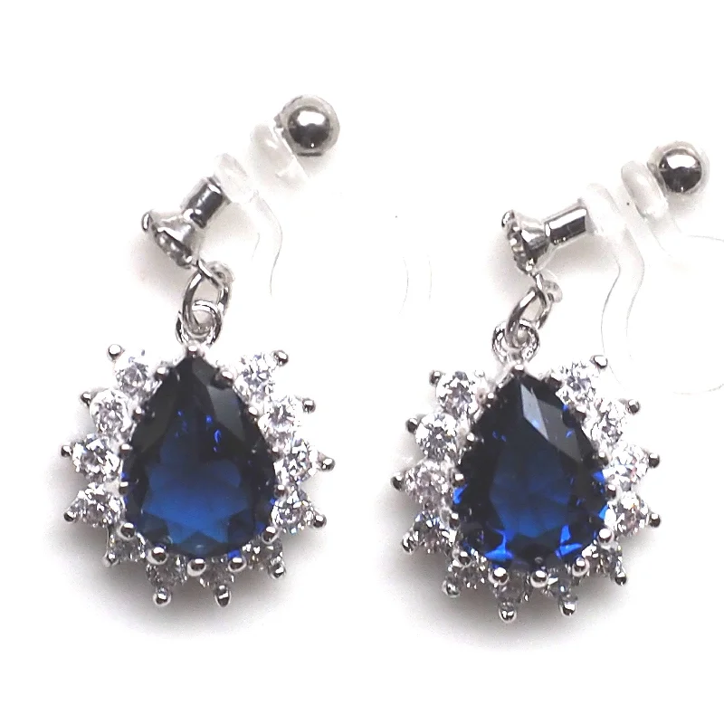 designer earrings for women -Teardrop navy blue cubic zirconia invisible clip on earrings ( silver tone )