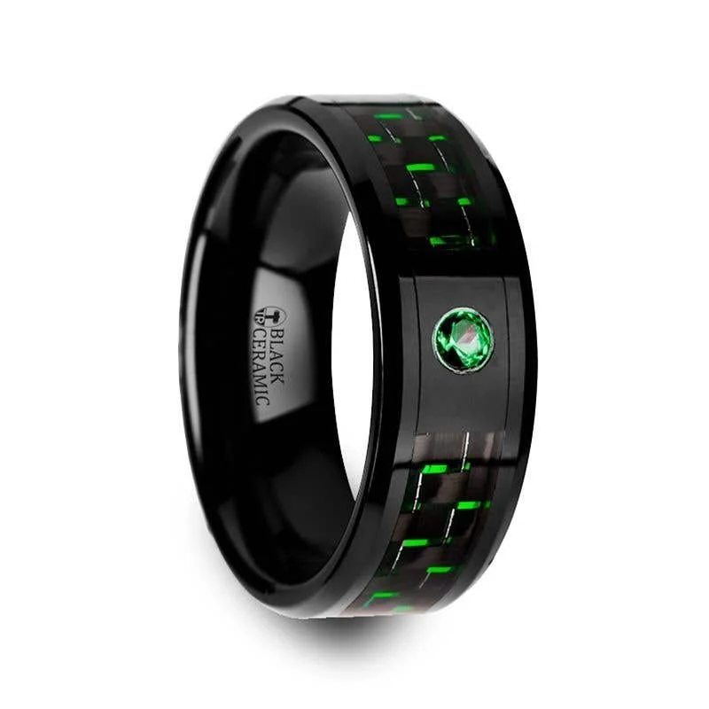 anniversary necklaces for women -Thorsten HADAR Black Ceramic Ring Black and Green Carbon Fiber Emerald Setting - 8mm