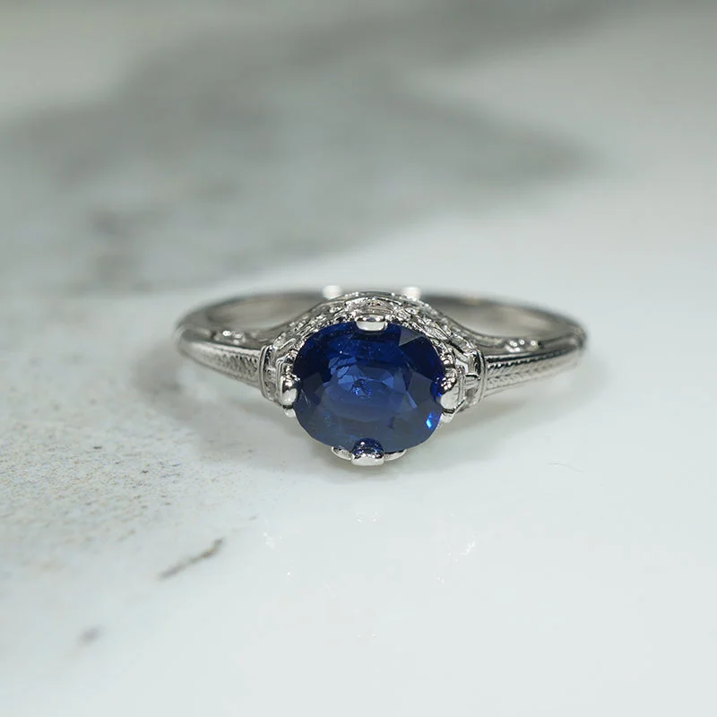 classic wedding rings for women -Fleur-de-Lis Art Deco Sapphire Solitaire Ring