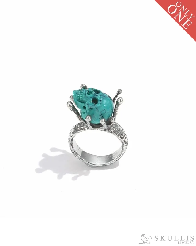 yellow gold rings for women -Gem Skull Ring of Turquoise Carved Skull, 925 Sterling Silver, US Size 8.5 - 9800067