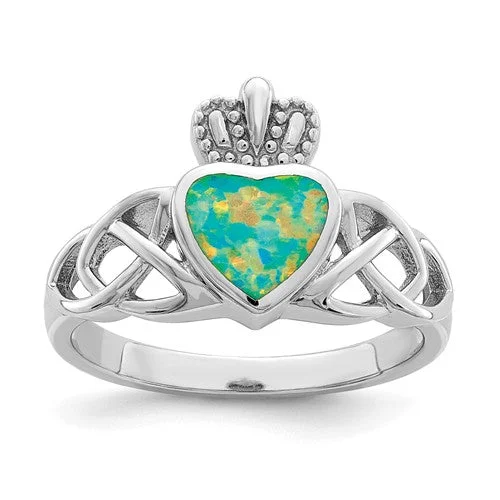 gold pendant necklaces for women -Sterling Silver Lab Created Opal Heart Crown Claddagh Ring