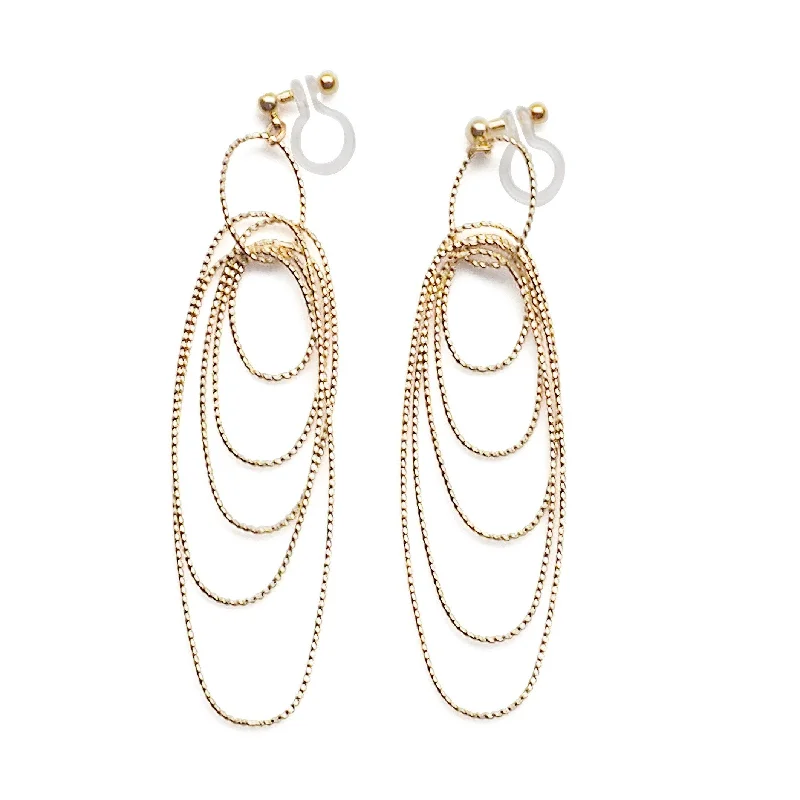 custom crystal earrings for women -Dangle gold textured hoop invisible clip on earrings