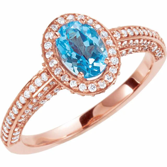 classic necklaces for women -14k Rose Gold Swiss Blue Topaz Oval & Diamond Halo Engagement Ring