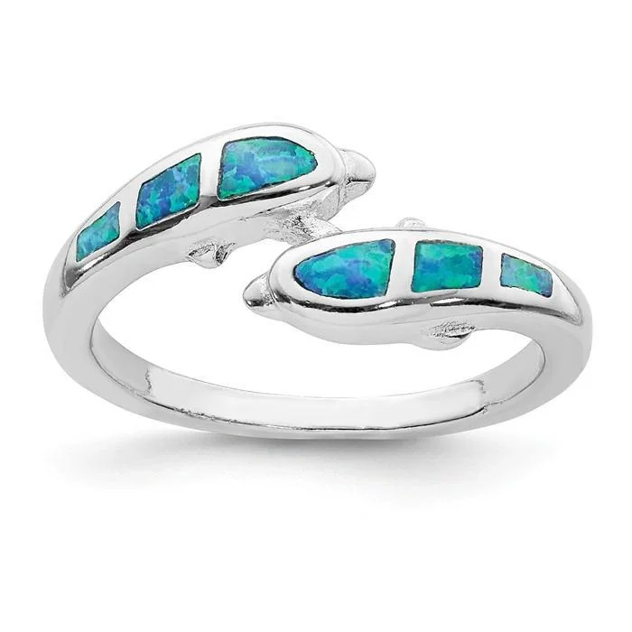 classic pearl necklaces for women -Sterling Silver Created Blue Opal Dolphins Ring