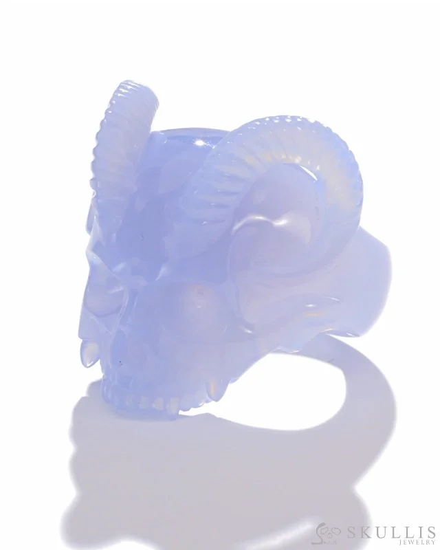 statement rings for women -Gem Skull Ring of Blue Chalcedony Carved Skull