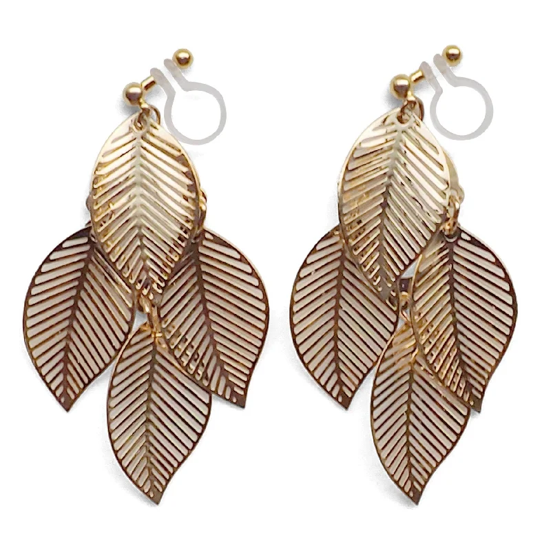 trendy earrings for women -Gold four leaf filigree invisible clip on earrings