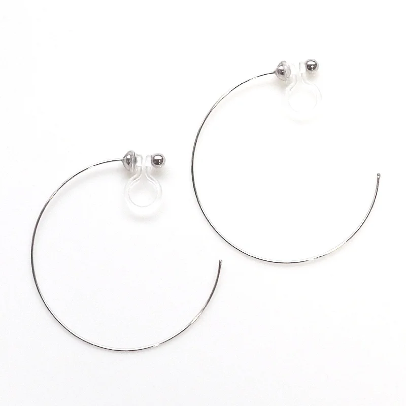 silver hoop earrings for women -Large silver invisible clip on hoop earrings