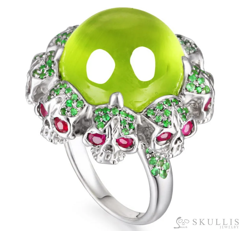 romantic engagement rings -Gem Skull Ring of Round Cut Lemon Stone & Skulls with Ruby Eyes in 925 Sterling Silver