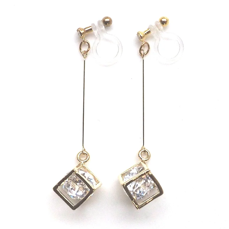 bohemian earrings for women -Cubic zirconia crystal in gold cube invisible clip on earrings