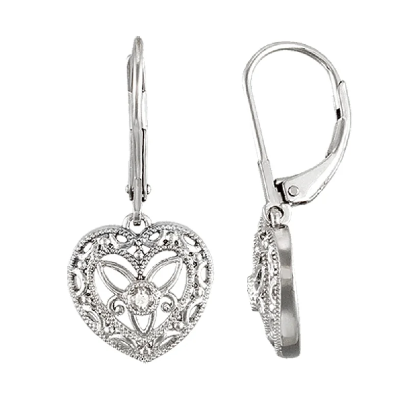 dangling pearl earrings for women -Vintage Style Diamond Heart Earrings in Sterling Silver