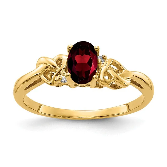 trendy chain necklaces for women -14k Yellow Gold 6x4mm Oval Garnet AA Diamond Heart Knot Side Ring