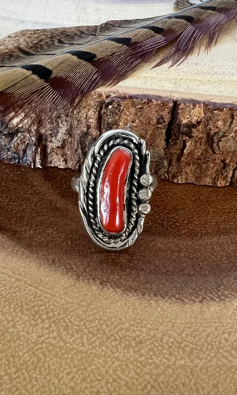 custom-designed wedding rings -Vintage Sterling Silver & Coral Ring, Size 7 1/4