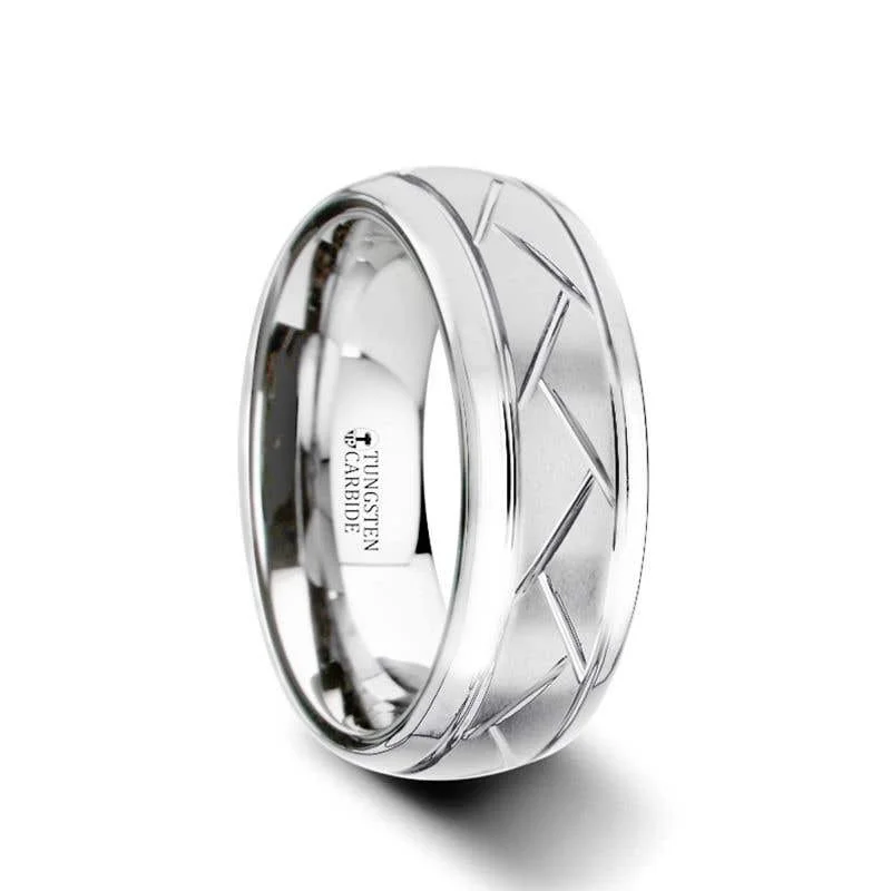 chic gemstone necklaces for women -Thorsten OCTAVIAN Domed Tungsten Carbide Ring with Crisscross Grooves and Brushed Finish - 8mm