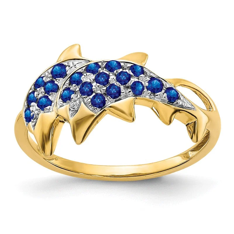 minimalist gold necklaces for women -14K Yellow Gold Gold w/ Rhodium Detail Diamond & Blue Sapphire Dolphins Ring