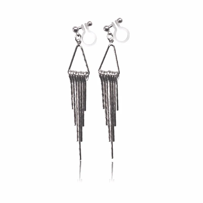 unique earrings for women -Silver fringe invisible clip on earrings