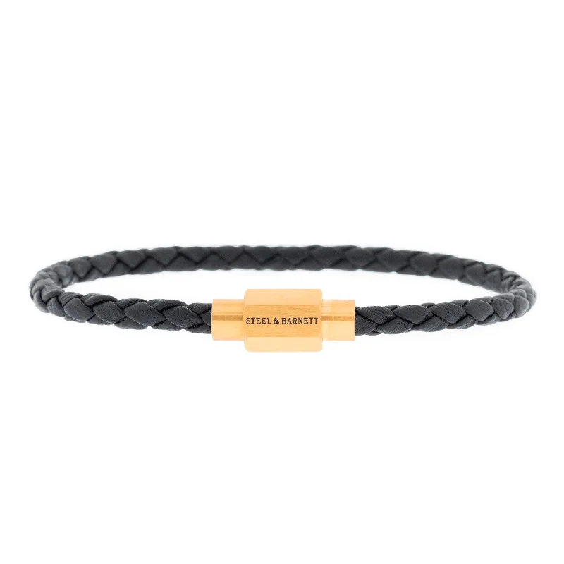 stackable bracelets for women -Luke Landon Nappa Leather Bracelet Black/18K Gold