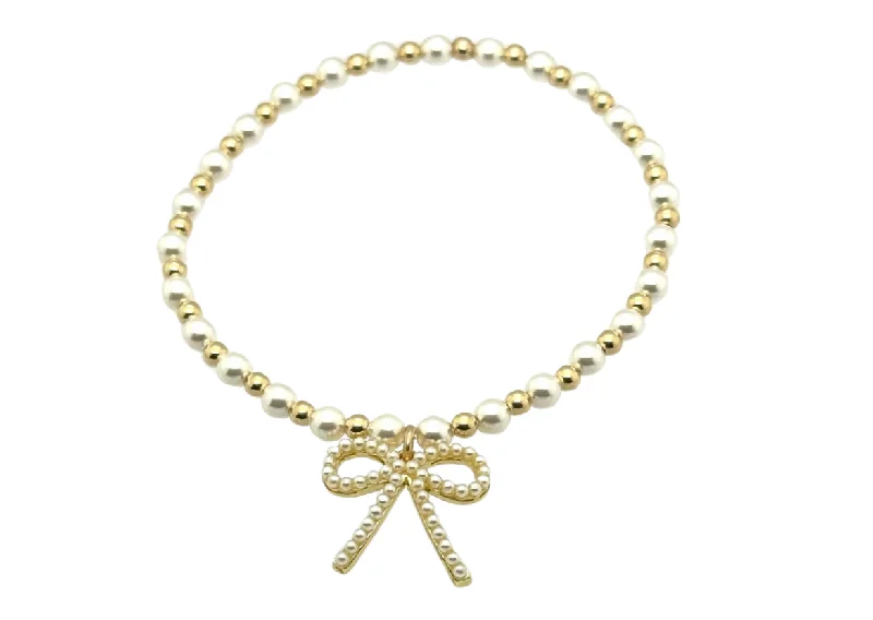 elegant cuff bracelets for women -"MAY + FWP BOW" Charm Gold Filled & Pearl Beaded Bracelet